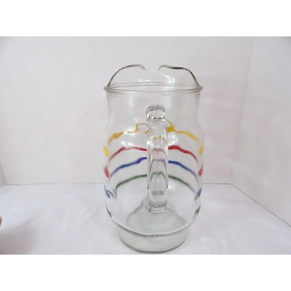 Pitcher Anchor Hocking Fiesta Glass Ice Lip Rainbow Colors Stripe 72 Oz Tea
